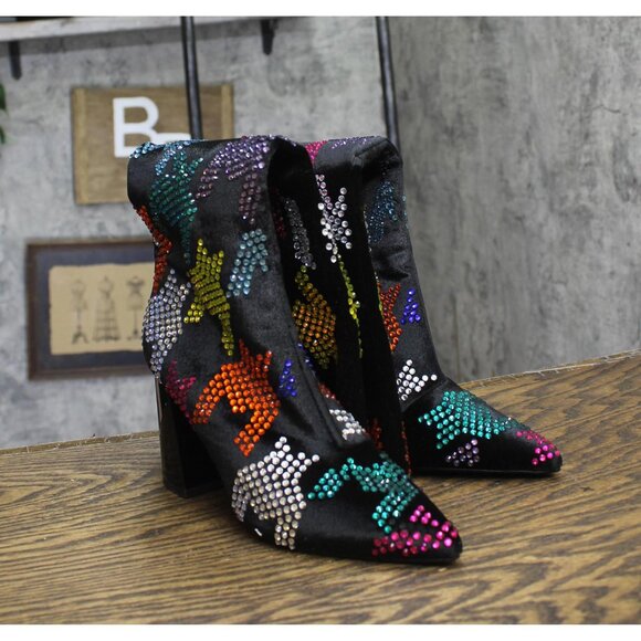 Betsey Johnson Womens Rhinestone Naomy Boot NAOM01S5 Black Multi 6M - Picture 2 of 13